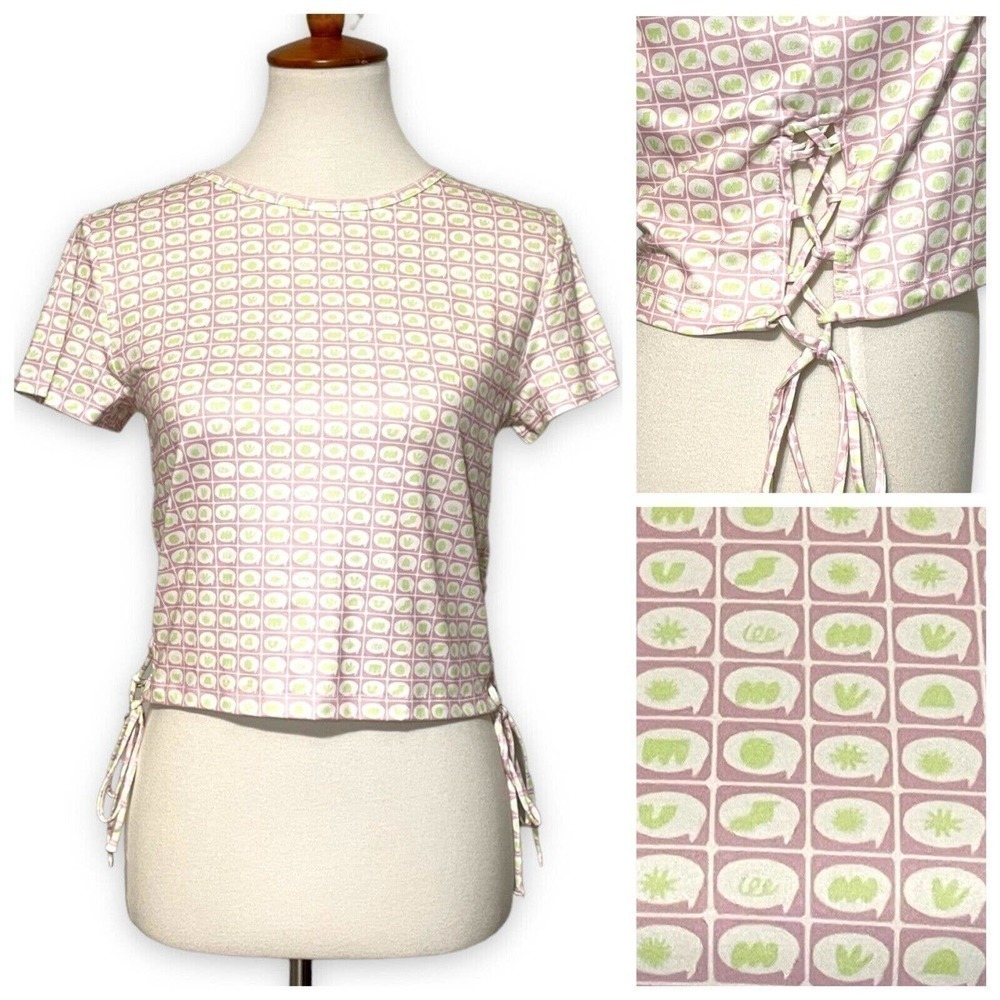 🍀ELODIE Nordstrom Women's Pink Green Side Lace Up Cropped Top Size Large NWT